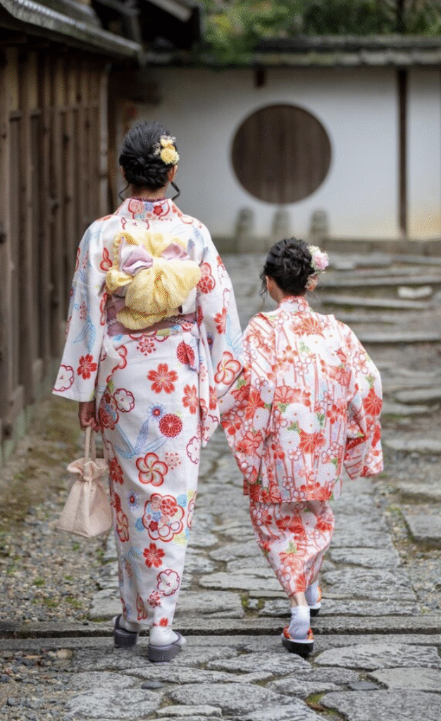 Female and children are wearing Traditional Japanese Clothes, KIMONO